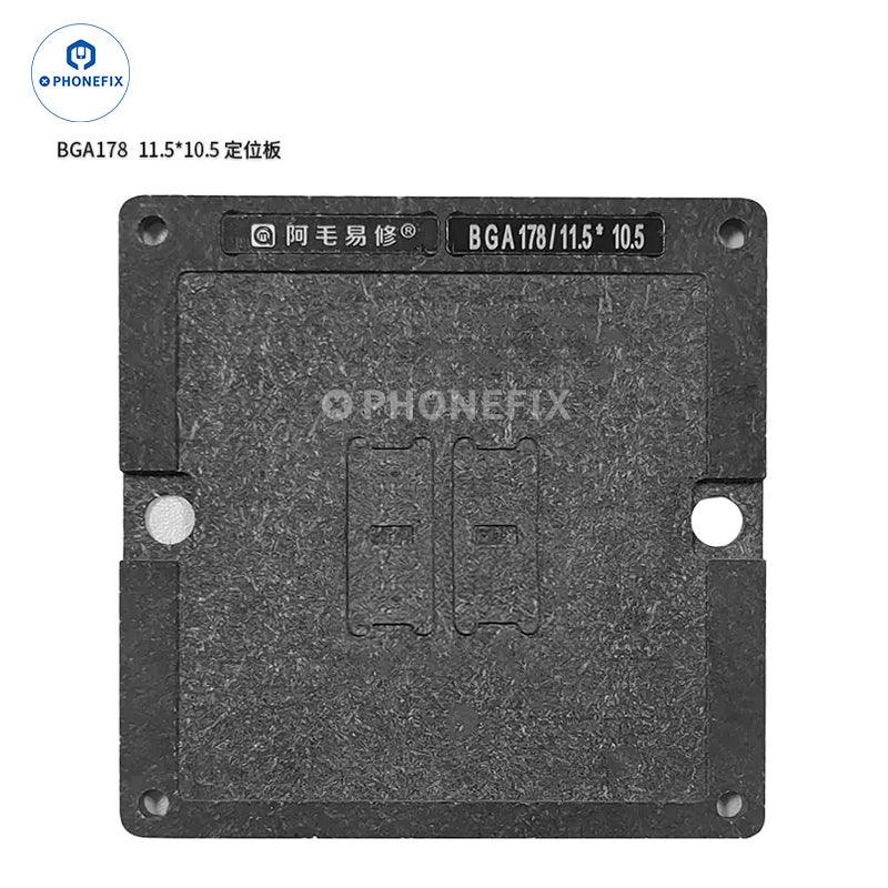 PHONEFIX BGA78/178 Reballing Stencil for MacBook memory and flash repair on BGA reballing platform, with detailed metal stencil visible.