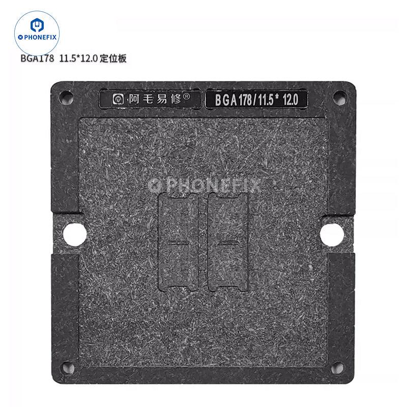 PHONEFIX AMAOE BGA78/178 reballing stencil for MacBook memory and flash repair on BGA reballing platform, detailed close-up image.