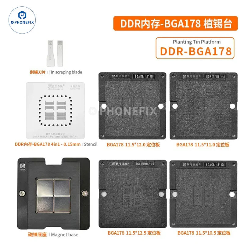 PHONEFIX BGA78/178 reballing stencil for MacBook memory and flash repair on BGA reballing platform, showing the stencil layout.