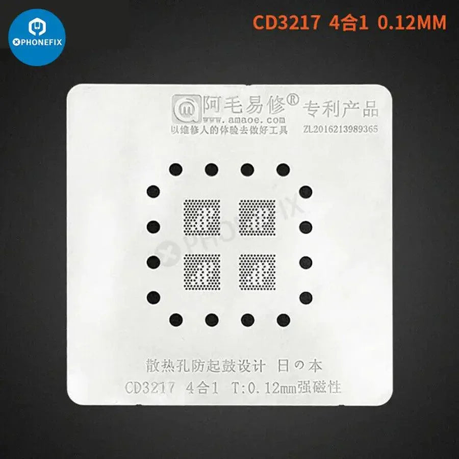 4-in-1 AMAOE BGA Reballing Stencil for MacBook repair, compatible with CD3215 and CD3217, by PHONEFIX, on a repair platform.