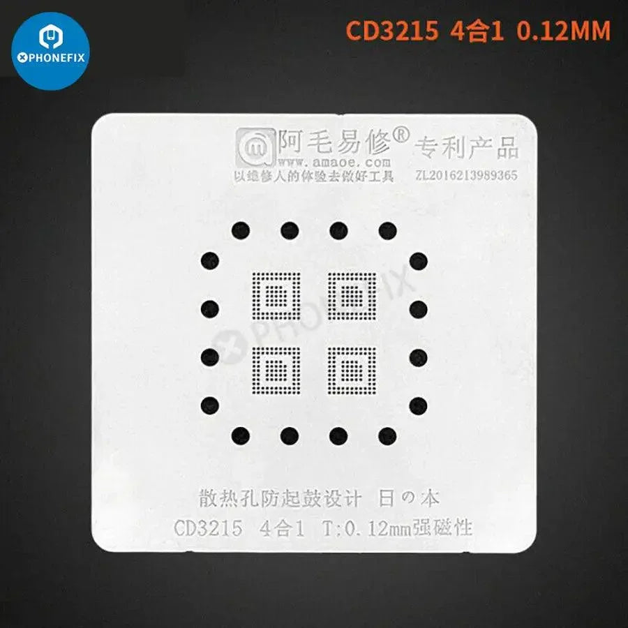 PHONEFIX 4-in-1 BGA Reballing Platform stencil for MacBook repair, compatible with CD3215 and 3217 models, for precise reballing.