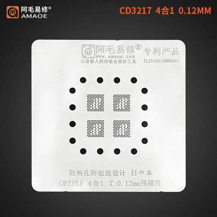PHONEFIX 4-in-1 AMAOE BGA Reballing Stencil for MacBook repair, compatible with CD3215 and CD3217 BGA chips.