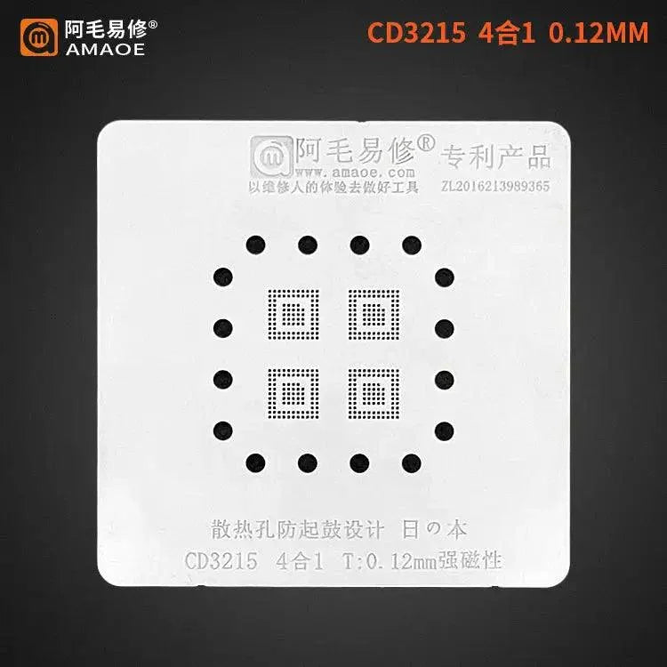 PHONEFIX 4-in-1 AMAOE BGA Reballing Stencil CD3215/3217 for MacBook repair, showing precision metal reballing platform with multiple stencil sizes.
