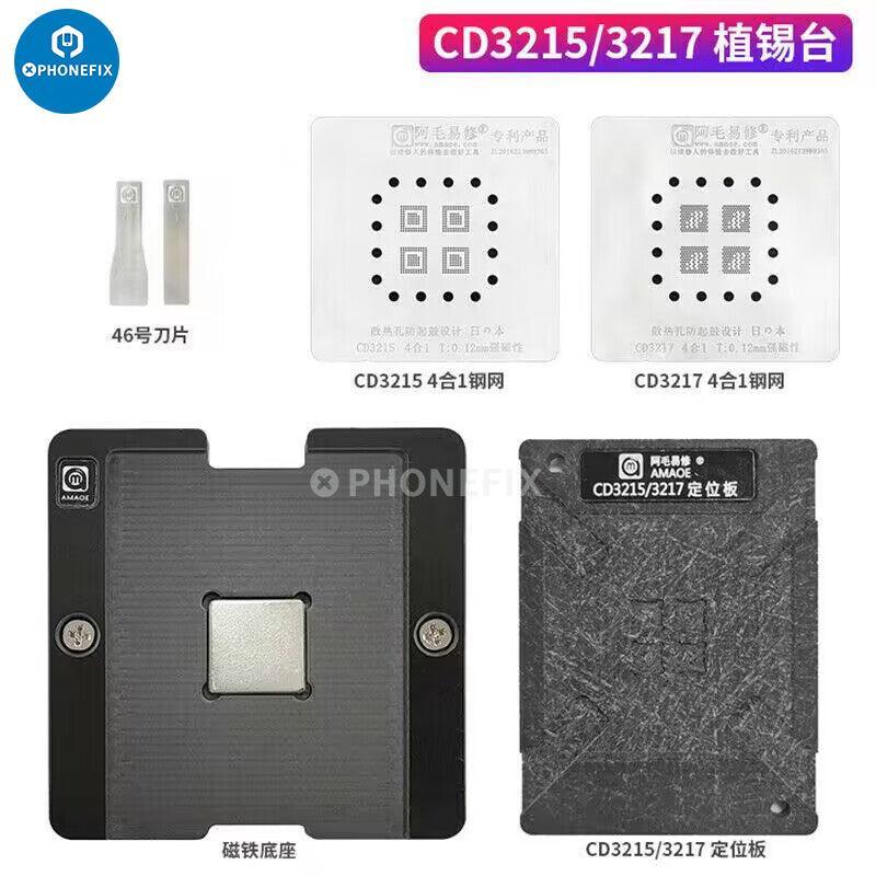 4-in-1 AMAOE BGA Reballing Stencil for MacBook repair, compatible with CD3215 and CD3217, by PHONEFIX.