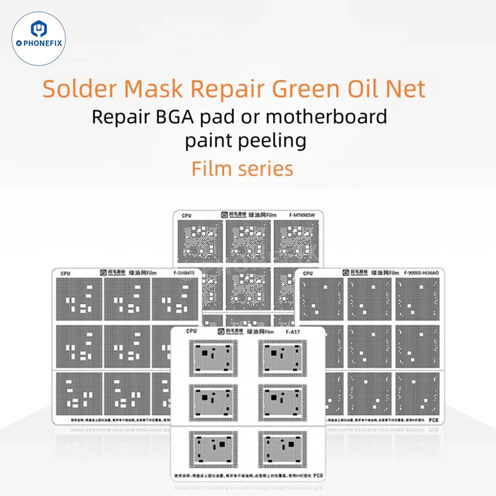 PHONEFIX AMAOE iPhone X-15 Pro Max BGA Reballing Platform screen IC green oil digging hole stencil on white background
