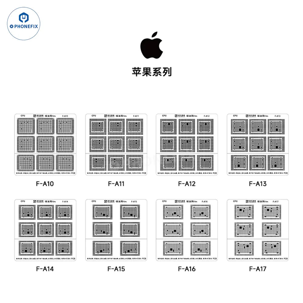 PHONEFIX BGA reballing platform for iPhone X-15 Pro Max screen IC green oil digging hole stencil, used for iPhone repair.