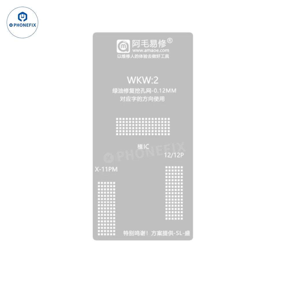 PHONEFIX BGA reballing platform for iPhone X-15 Pro Max screen repair, featuring green oil digging hole stencil for IC removal.