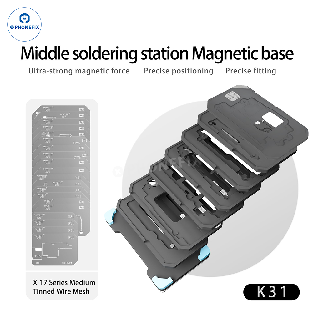 WYLIE K31 iPhone X-16 Pro Max BGA reballing platform with magnetic middle layer, used for phone repair and reballing processes.