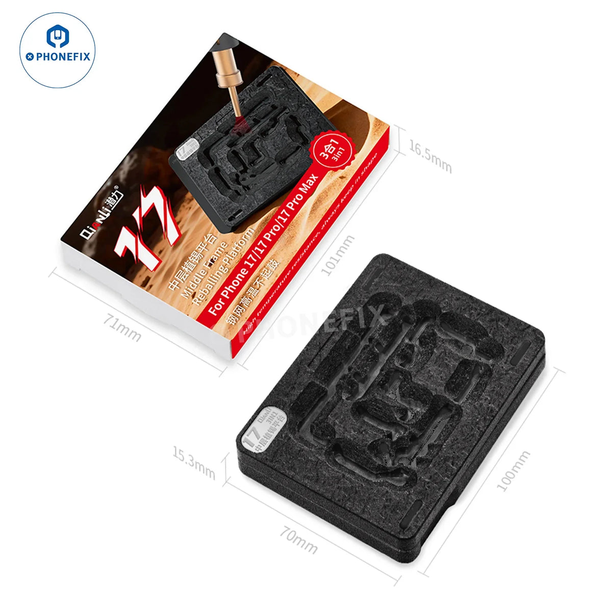 PHONEFIX QianLi BGA Reballing Platform for iPhone X to 16 Pro Max, middle frame reballing station with precision tools.