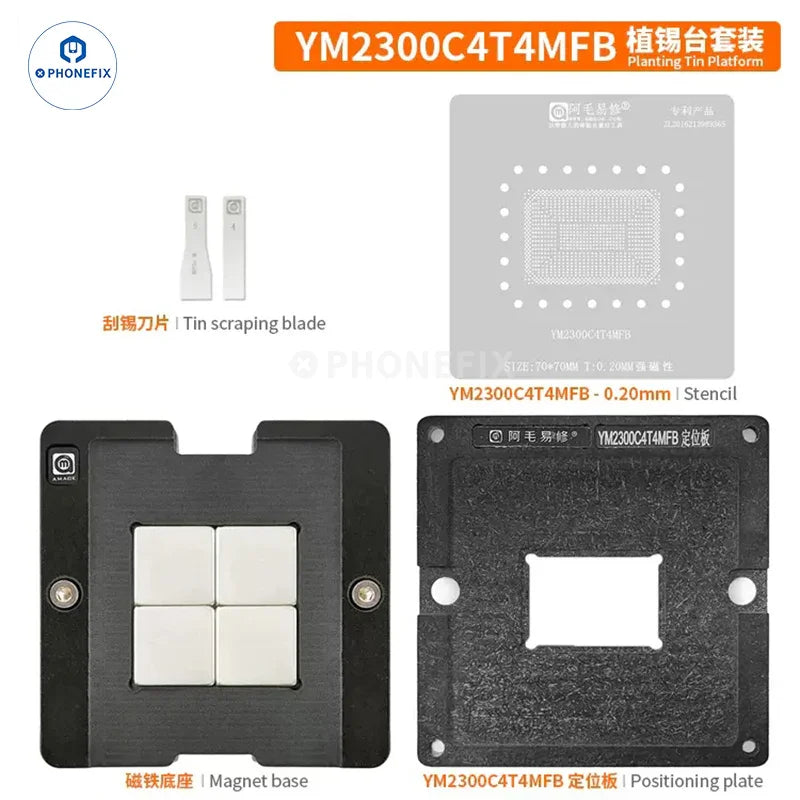 Amaoe BGA Reballing Platform by PHONEFIX for AMD notebook CPU chip repair, shown with reballing tools and platform components.