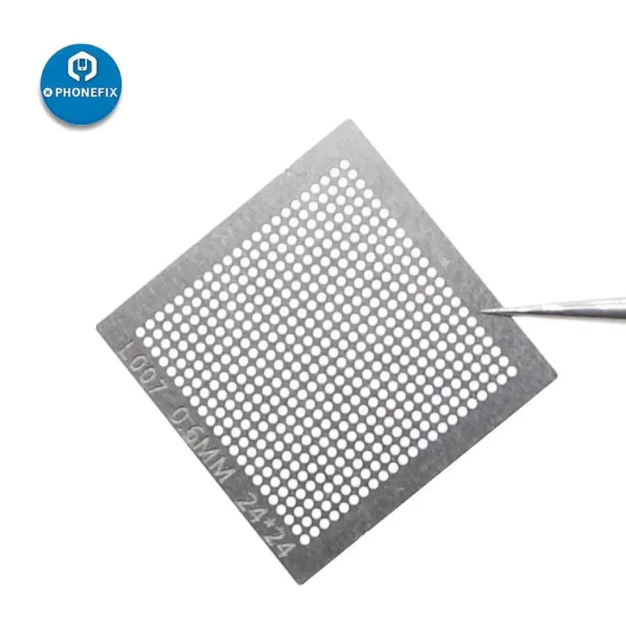PhoneFix 18pcs BGA Reballing Stencil Tools Kit with metal heating templates for reballing and repairing circuit boards.