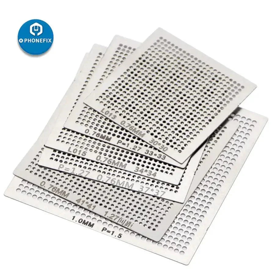 PhoneFix 18pcs BGA Reballing Stencil Tools Kit with universal metal heating templates for precise BGA reballing repair.