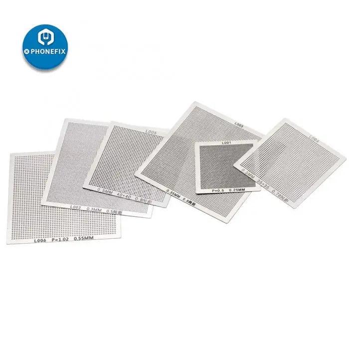 Set of 18 BGA reballing stencils for cell phone repair by PHONEFIX, used for precise soldering and reballing of mobile device chips.