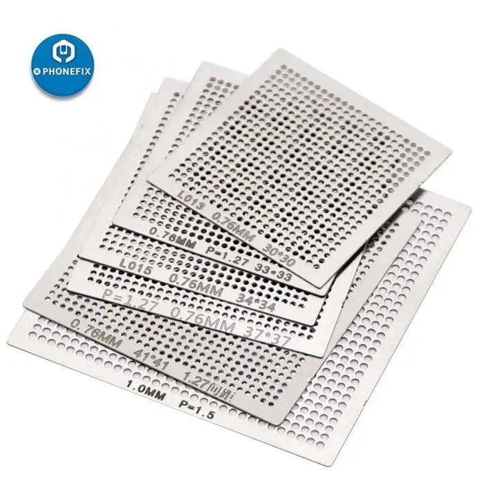PhoneFix 18pcs BGA reballing stencil kit for cell phone soldering, includes directly heat templates for precise BGA rework.
