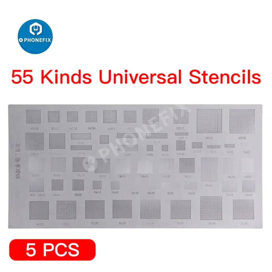 55-in-1 universal BGA reballing stencil set for phone soldering repair by PHONEFIX, with multiple stencil sizes for electronics repair.