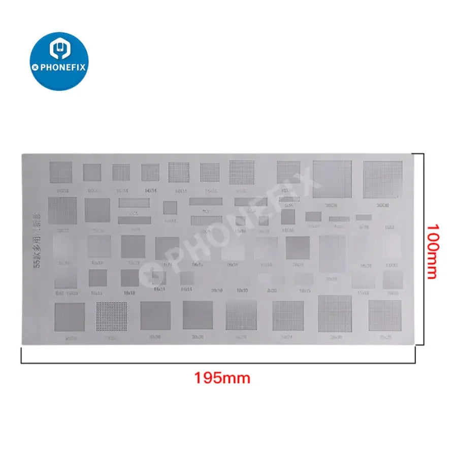 55-in-1 universal BGA reballing stencil set for phone soldering repair by PHONEFIX, featuring multiple stencil sizes for electronic board rework.
