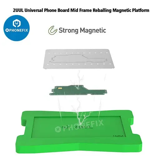 Universal magnetic platform for phone board mid-frame BGA reballing by PHONEFIX, designed for precise reballing and repair.
