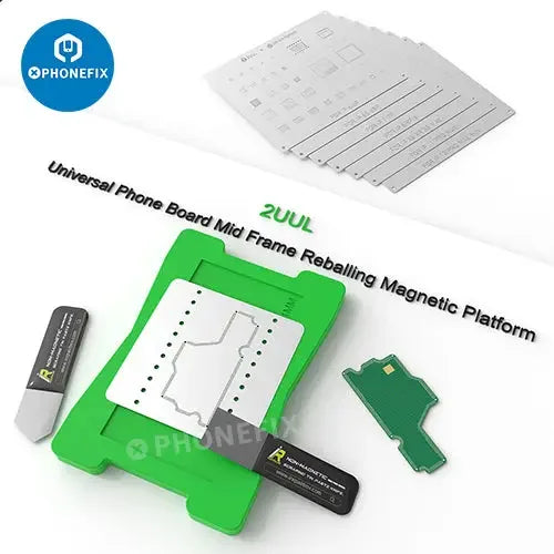 PHONEFIX BGA Reballing Stencil with 2UUL universal magnetic platform for phone board mid frame reballing, provides precise alignment.