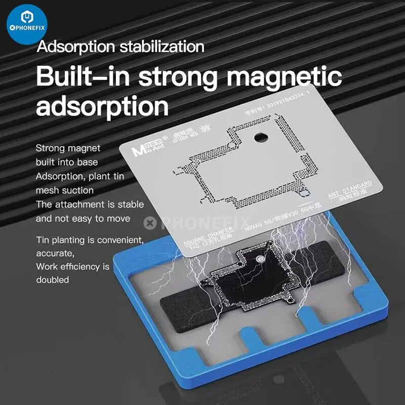 PhoneFix BGA reballing stencil with universal magnetic platform for phone board mid-frame reballing and repair.
