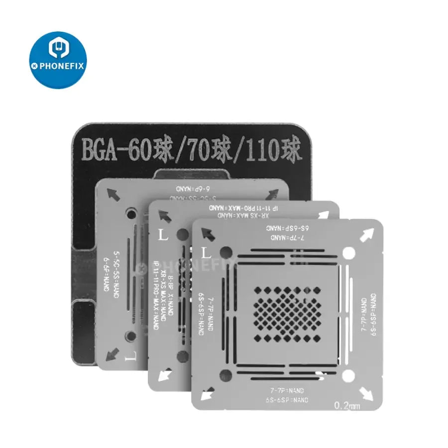 3-in-1 WL NAND BGA reballing stencil for iPhone 5 to 12 Pro Max by PHONEFIX, used for repairing and reballing hard disks.