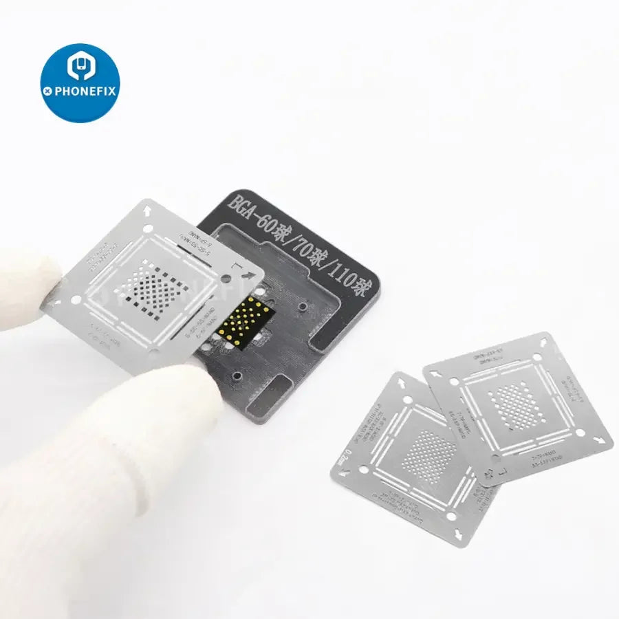 PHONEFIX 3-in-1 WL NAND Hard Disk BGA Reballing Stencil for iPhone 5 to 12 Pro Max, used for precise reballing repairs.