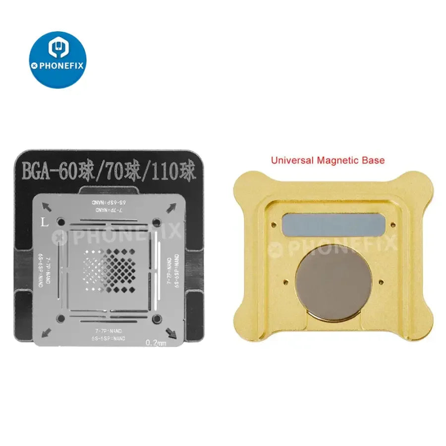 PHONEFIX 3-in-1 WL NAND Hard Disk BGA Reballing Stencil for iPhone 5 to 12 Pro Max repair, with detailed reballing pattern.