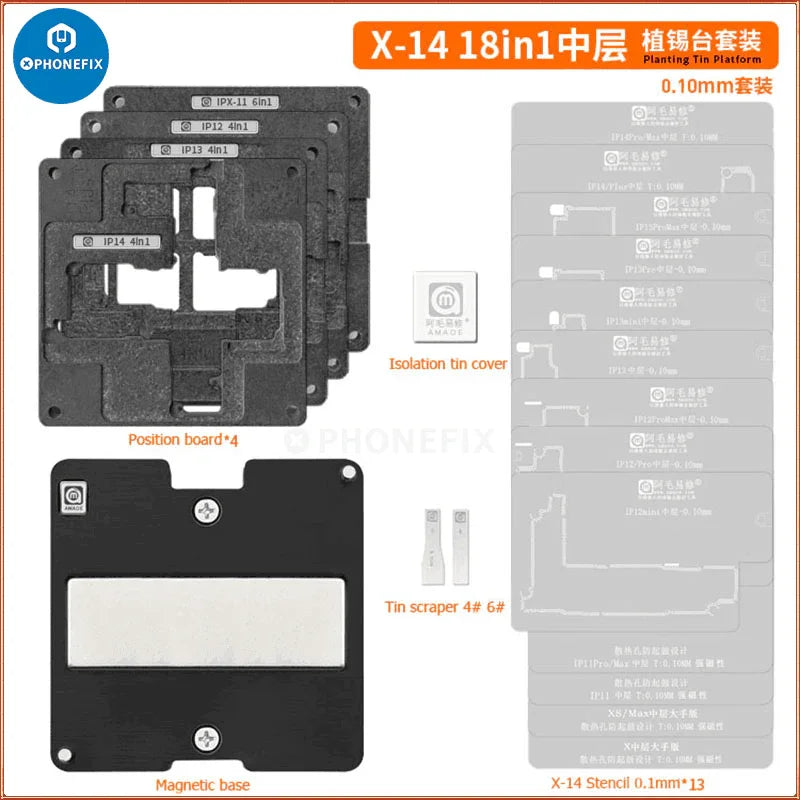 Amaoe 31-in-1 BGA reballing stencil kit for iPhone X-17 series, used for precise iPhone reballing and repair.