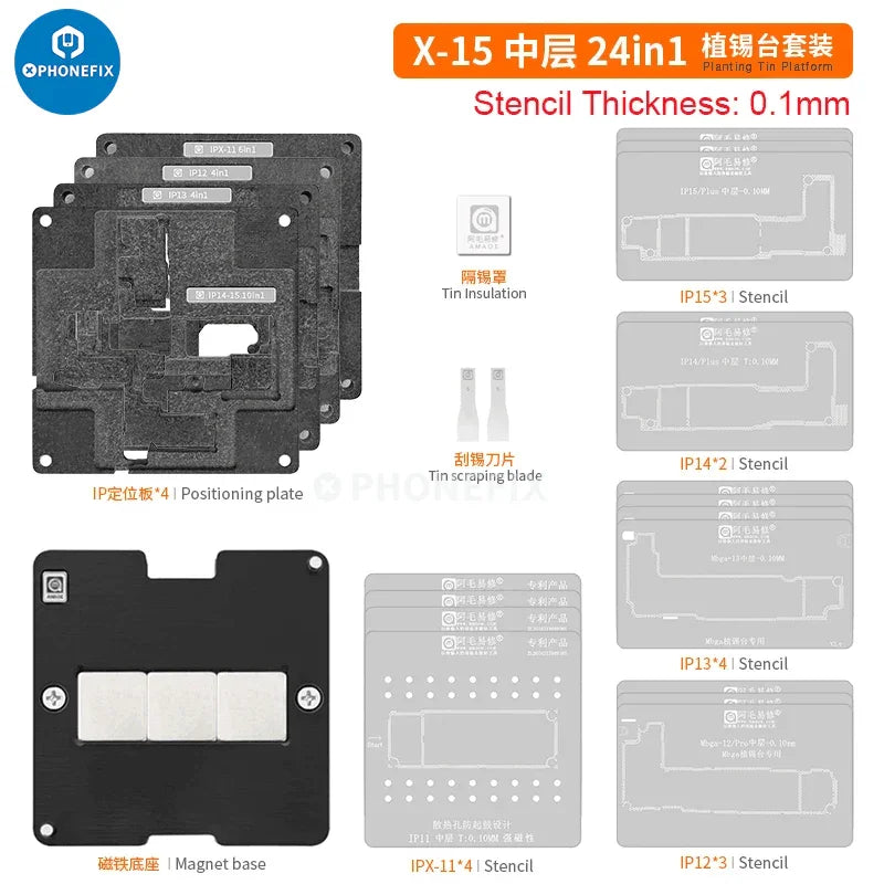 PhoneFix Amaoe 31-in-1 BGA reballing stencil kit for iPhone X-17 series, featuring a 0.1mm middle layer stencil for precise reballing.
