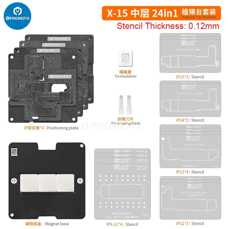 Close-up of PHONEFIX Amaoe 31-in-1 BGA reballing stencil kit for iPhone X-17 series, featuring a 0.12mm reballing stencil.