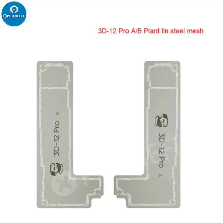 Mechanic 3D-12Pro BGA reballing stencil for iPhone 12 Pro, used for precise reballing and middle frame repair by PHONEFIX.
