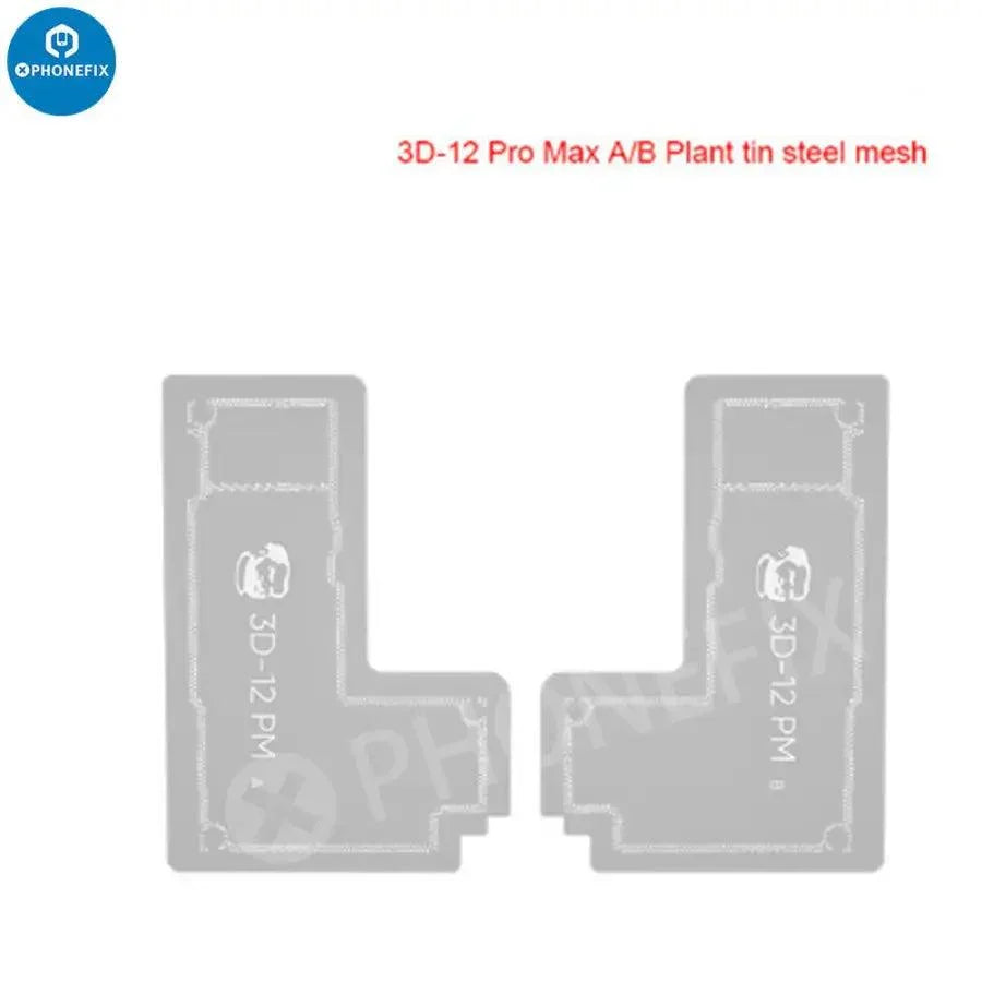 3D-12Pro middle frame BGA reballing stencil for iPhone 12 Pro by PHONEFIX, used for precise reballing repairs.