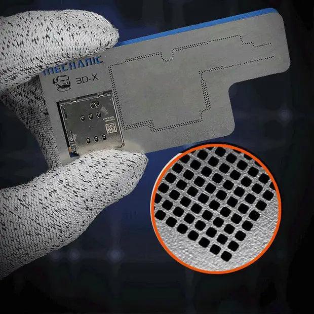 Mechanic 3D middle layer BGA reballing stencil for iPhone X A12 by PHONEFIX, showing precise design for reballing process.
