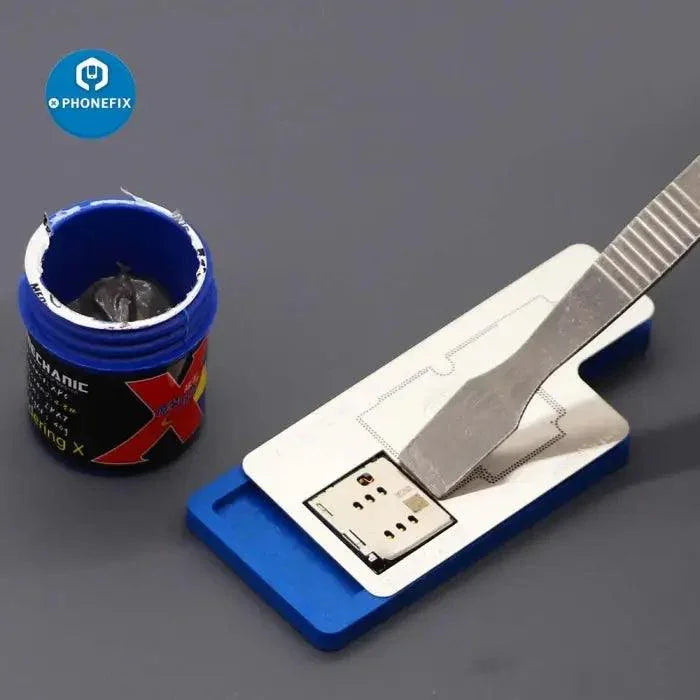 PHONEFIX Mechanic 3D Pro BGA Reballing Stencil Platform for iPhone X, XS, XS Max, detailed view of the reballing stencil on the device