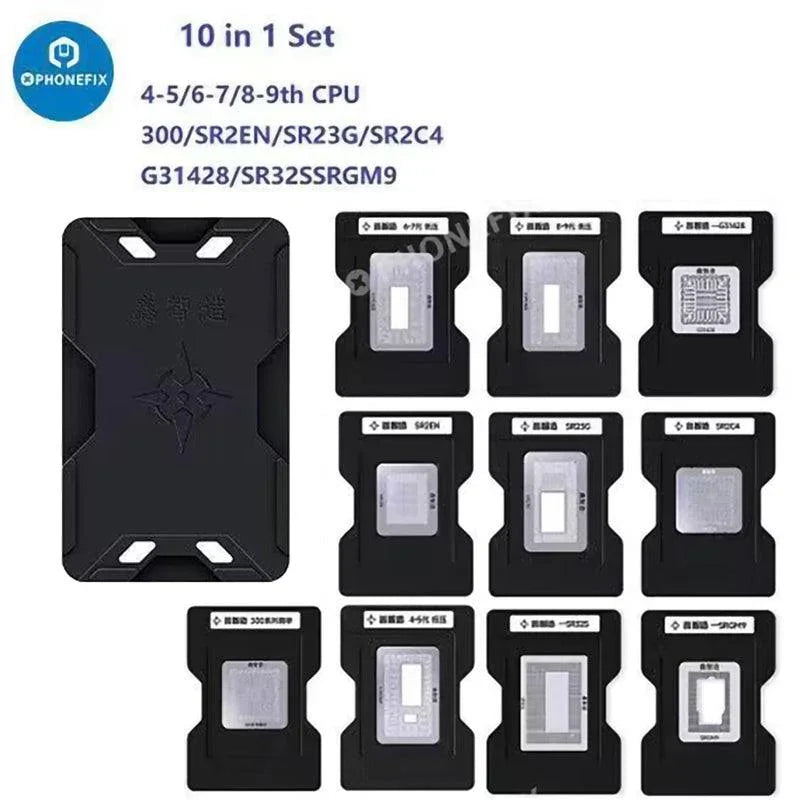 Kit de plantillas de reballing BGA para CPU PHONEFIX XinZhiZao para reparación de MacBook Air y Pro, que incluye un juego de plantillas de reballing BGA 10 en 1.
