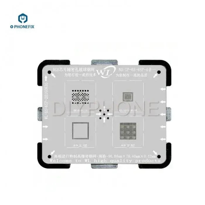 PHONEFIX 4-in-1 BGA Reballing Stencil for iPhone 5S, 6P, 6SP, 7, 8, 8P, showing detailed metal design for phone repair.