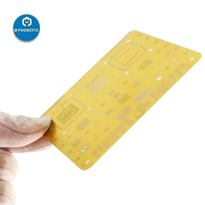 PhoneFix WL Golden BGA Reballing Stencil Net for iPhone 6-13 Pro Max soldering, precision tool for BGA reballing repairs.