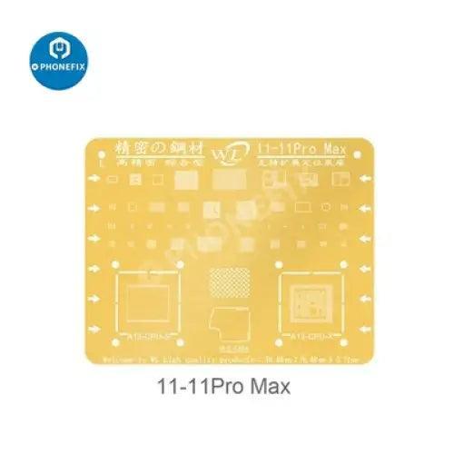 PHONEFIX WL Golden BGA Reballing Stencil Net for iPhone 6-13 Pro Max soldering repair, featuring precise mesh for reballing process.