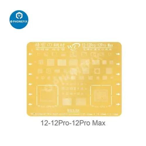 PHONEFIX WL Golden BGA Reballing Stencil Net for iPhone 6-13 Pro Max soldering repair, showing detailed stencil design