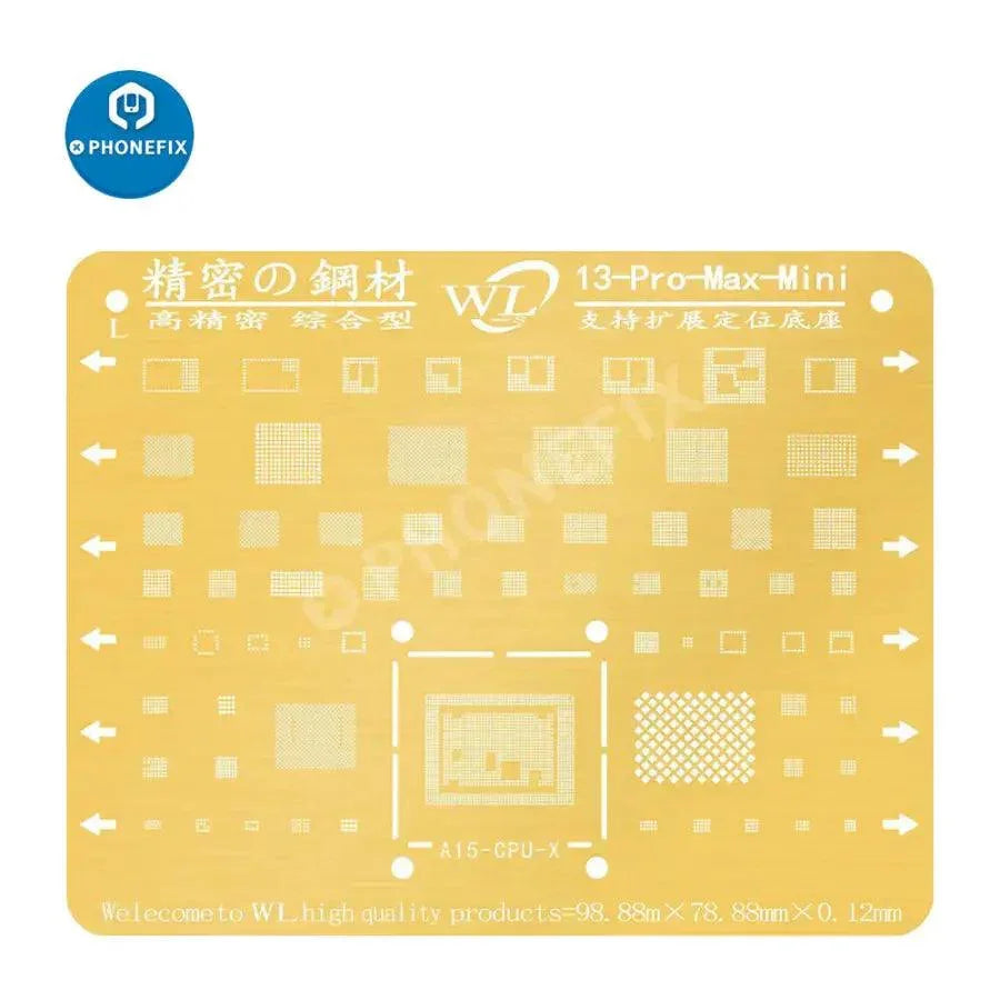 PhoneFix WL Golden BGA Reballing Stencil Net for iPhone 6-13 Pro Max soldering repair, precision tool for BGA reballing.