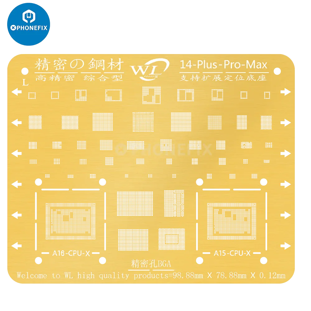 PHONEFIX WL Golden BGA Reballing Stencil Net for iPhone 6-13 Pro Max soldering and repair, showing the stencil pattern for reballing.