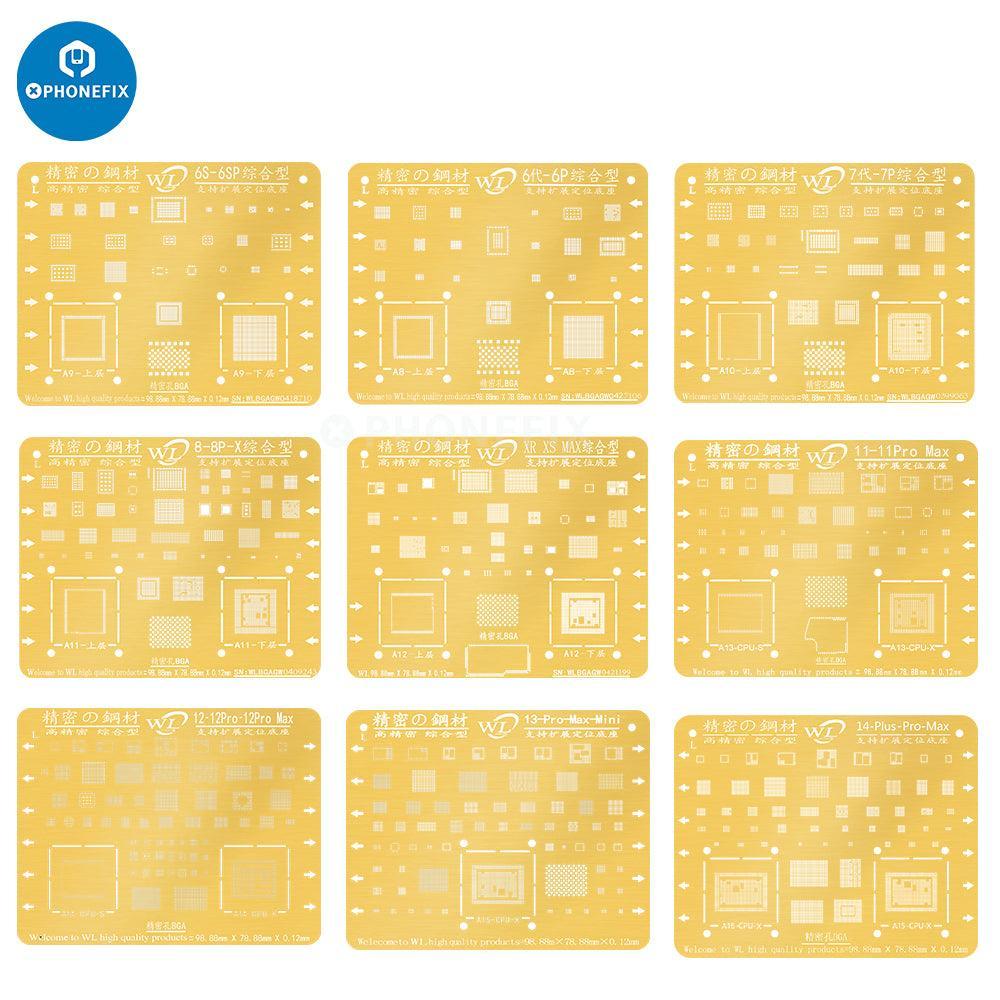 Golden BGA reballing stencil net for iPhone 6-13 Pro Max, PHONEFIX soldering tool for iPhone repair, close-up view