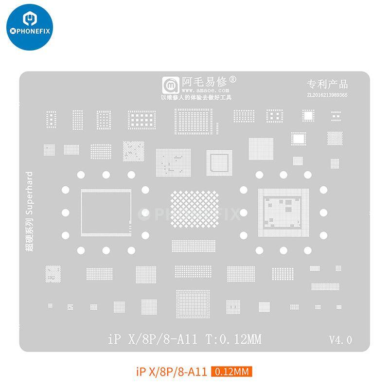 Amaoe BGA Reballing Stencil with CPU position for iPhone A8-A19, used for precise reballing of BGA chips on smartphones.