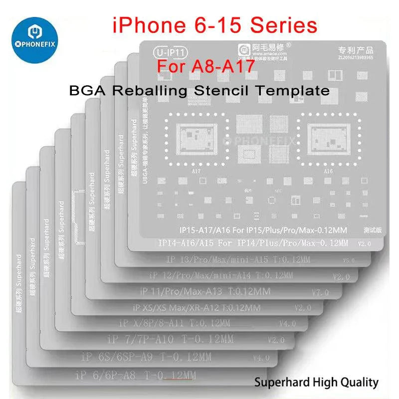 PHONEFIX Amaoe BGA Reballing Stencil with CPU position for iPhone A8-A19, showing the stencil layout on a white background.