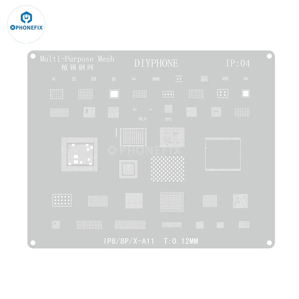 Amaoe BGA reballing stencil with CPU position for iPhone A8-A19, used for precise BGA reballing repairs.