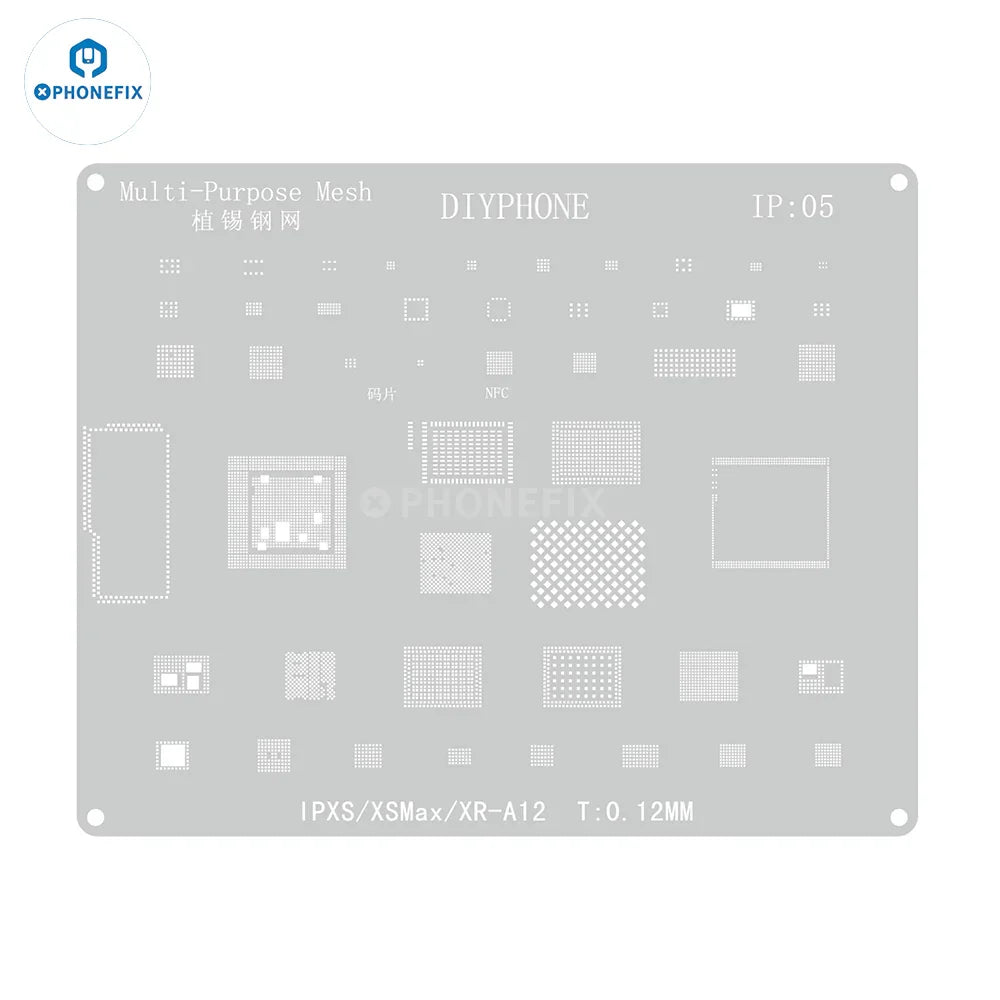 PhoneFix Amaoe BGA Reballing Stencil with CPU position for iPhone A8-A19 models, used for precise reballing and repair.