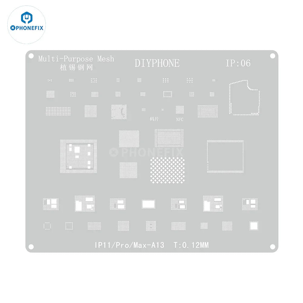 PHONEFIX Amaoe BGA Reballing Stencil with CPU position for iPhone A8-A19, precision tool for reballing and repair.