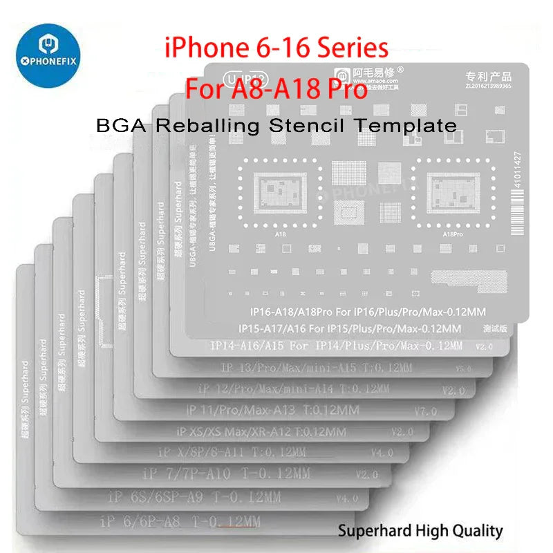 PHONEFIX Amaoe BGA reballing stencil with CPU position for iPhone A8-A19, 11-piece set for precise reballing repair.