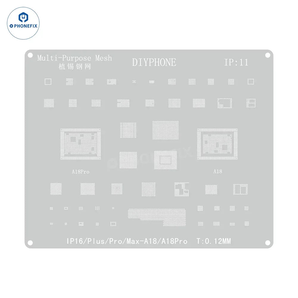 Phonefix Amaoe BGA reballing stencil with CPU position for iPhone A8-A19, used for precise reballing and motherboard repairs.