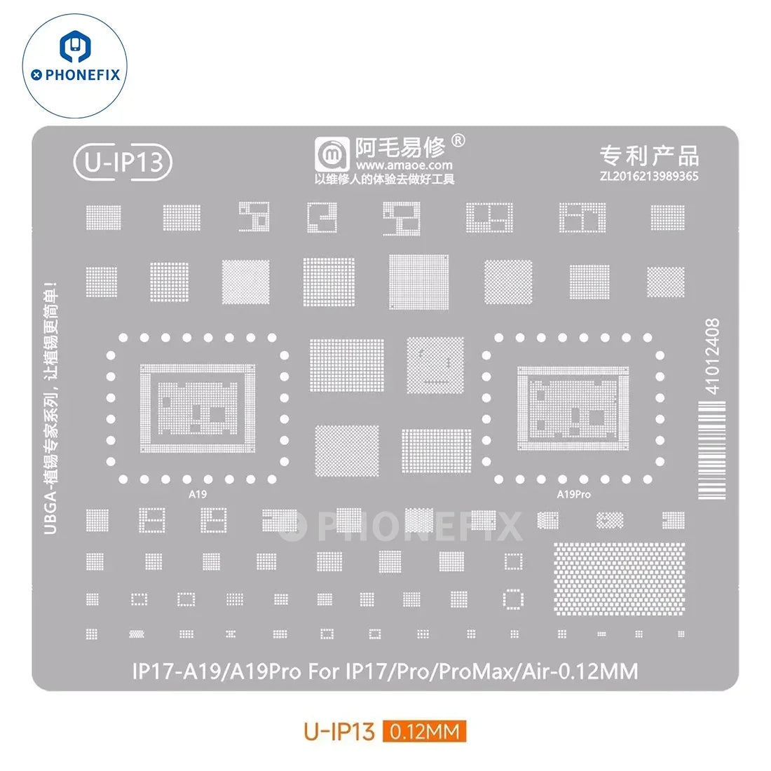 PHONEFIX Amaoe BGA Reballing Stencil with CPU alignment for iPhone A8-A19, showing the stencil and precise cutouts for reballing.