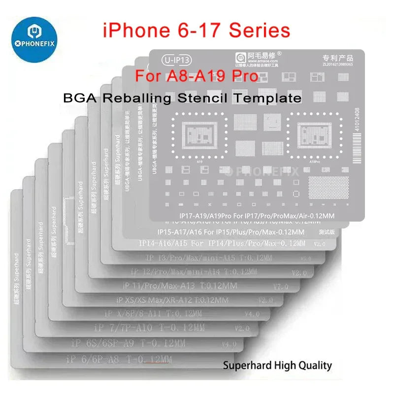 PHONEFIX Amaoe BGA Reballing Stencil with CPU position for iPhone A8-A19, used for precise reballing and repair.